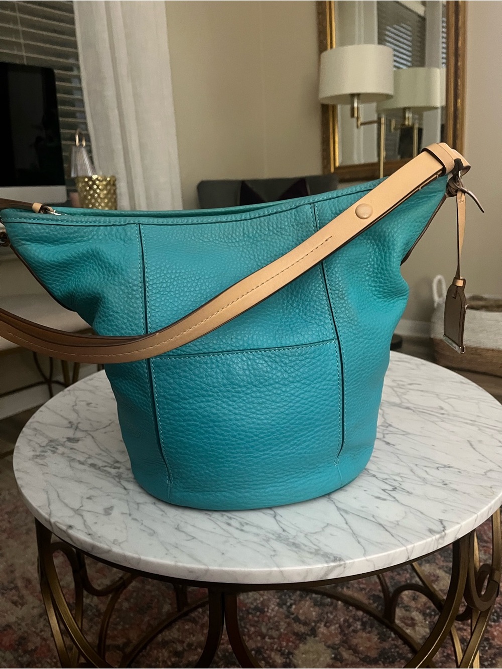 Cole Haan Teal Leather Shoulder Bag with Tan Strap